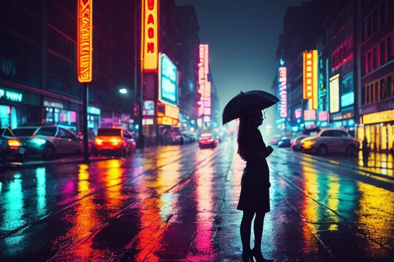 Stable diffusion generated image of a woman standing with an umbrella in a sign lit street in the rain