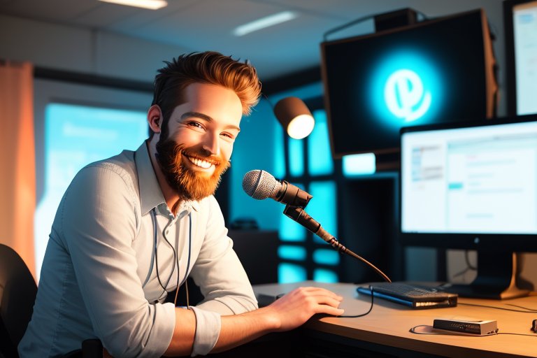 Smiling man with a beard and a podcast recording setup